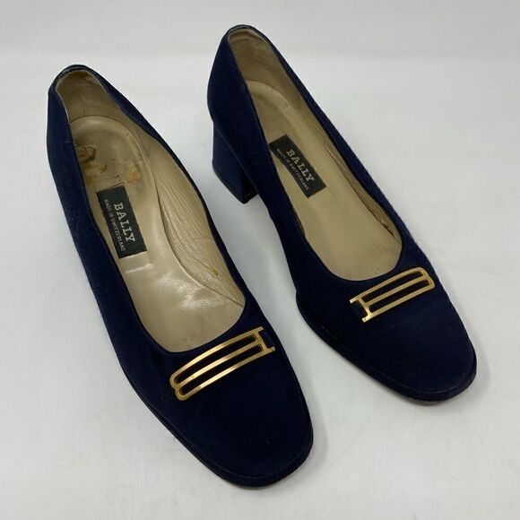 Sold! Bally Sz 7 Blue Pandar Gold Accents Career Slip On Designer Chunky Pumps - Picture 3 of 13